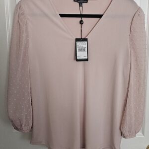 Zara Blush V-Neck Blouse with Textured Sleeves